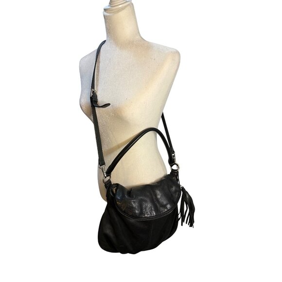 Margot Black Leather Hobo Bag With Tassel Accent & Adjustable Strap - Picture 12 of 15